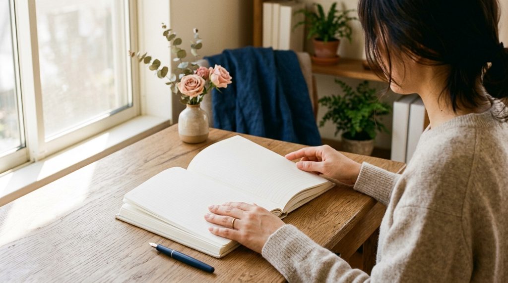 自宅デスクで手帳を眺める女性の手元