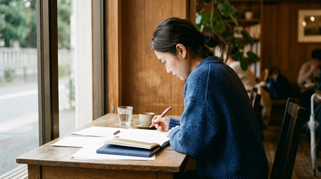 カフェで書類を広げて検討する若い人の後ろ姿