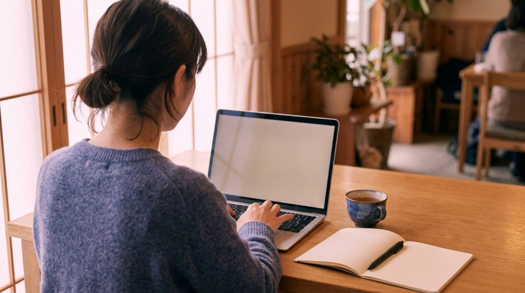 カフェでノートPCとノートを見る人の手元