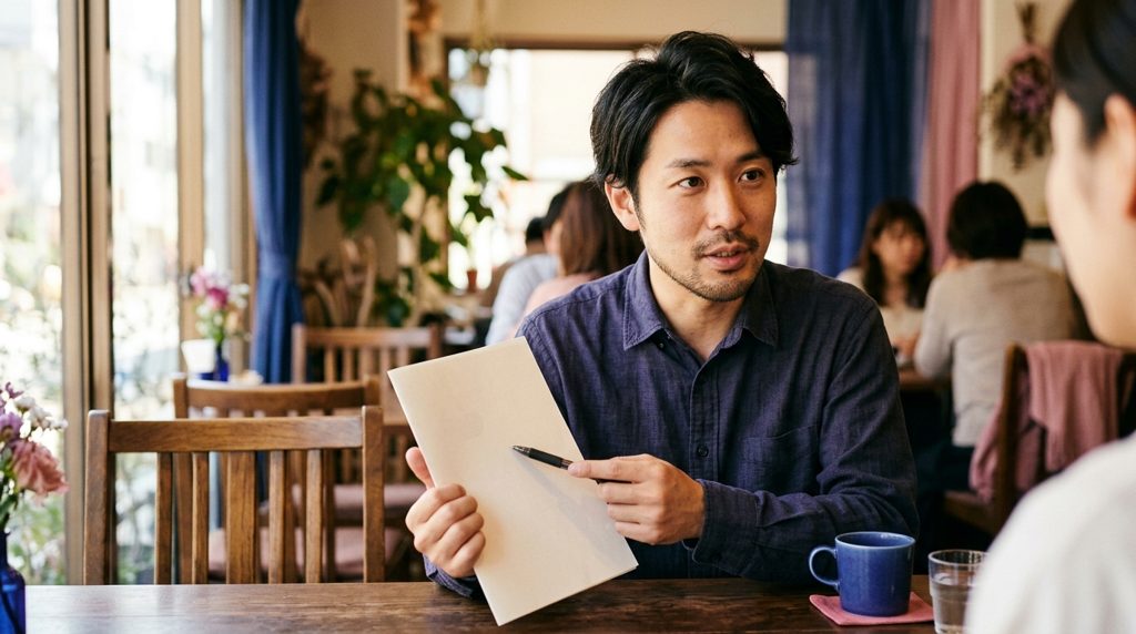 カフェで書類を確認し、ペンで指さす男性の手元
