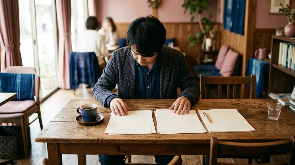 温かいテーブルで、男性が書類を真剣に確認している様子