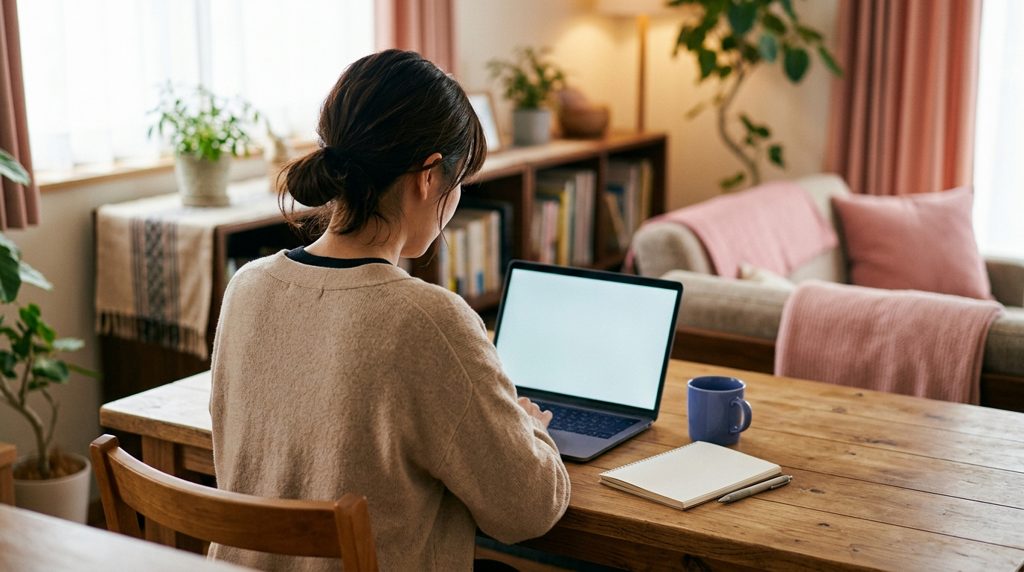 自宅でノートPCと手帳を見つめる人の後姿