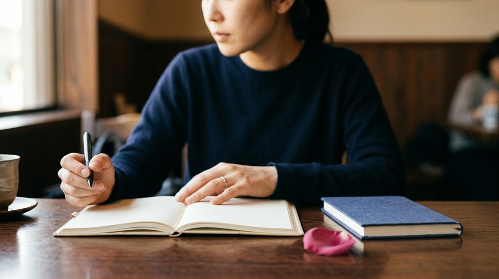 カフェで手帳を広げ、ペンを持つ女性の手元