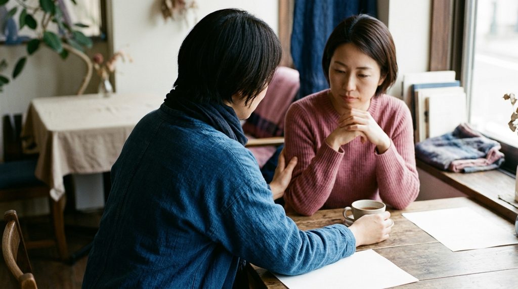 カフェで女性をサポートする相談員の後ろ姿