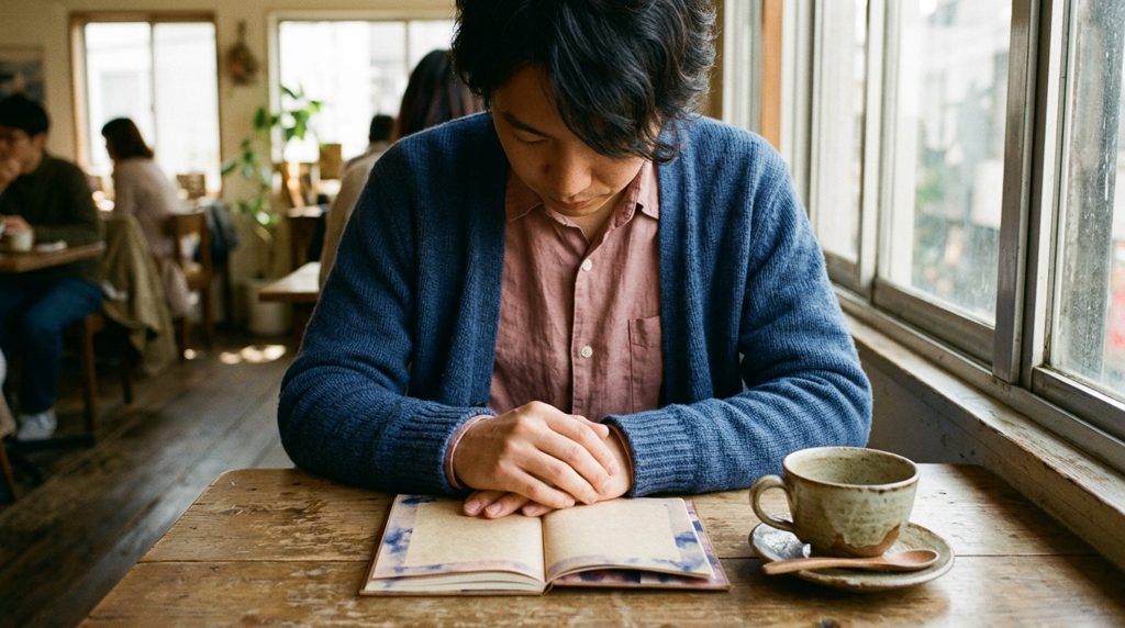 カフェでノートを見つめ考え込む日本人。