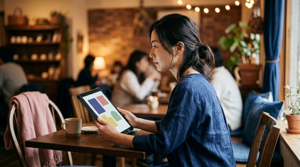 カフェでタブレットを覗き込む女性