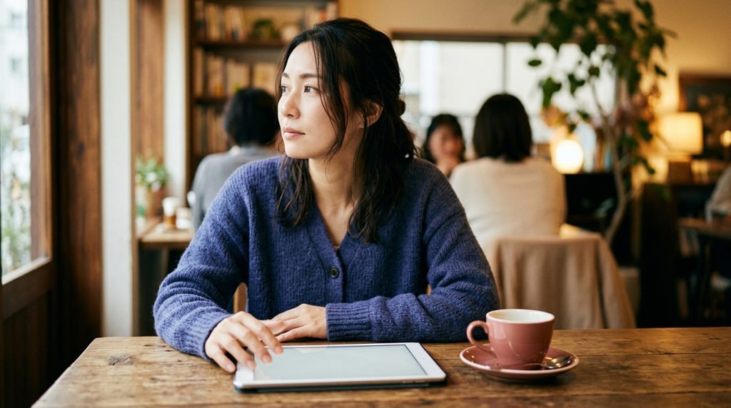 カフェでタブレット画面を見る女性の手元