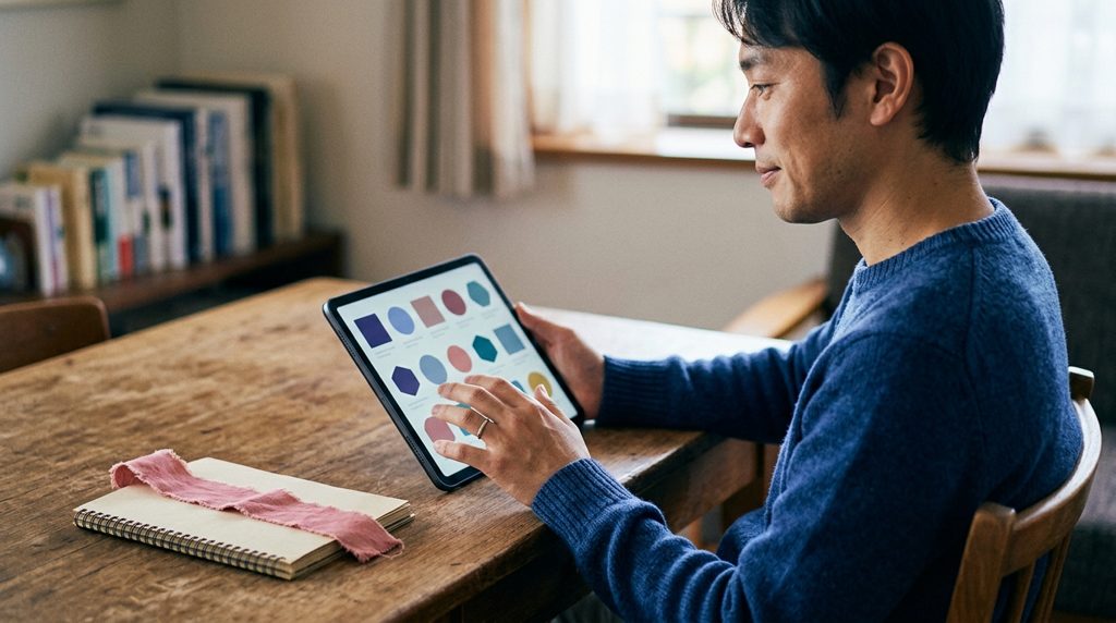 自宅でタブレットを操作し考える男女