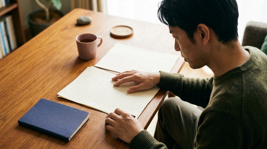温かいテーブルで契約書を見る手元と紺色のノート。