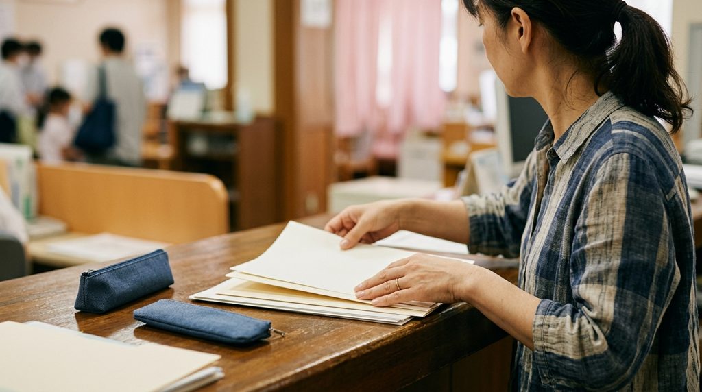 公的機関の窓口に並べられた書類と人の手元