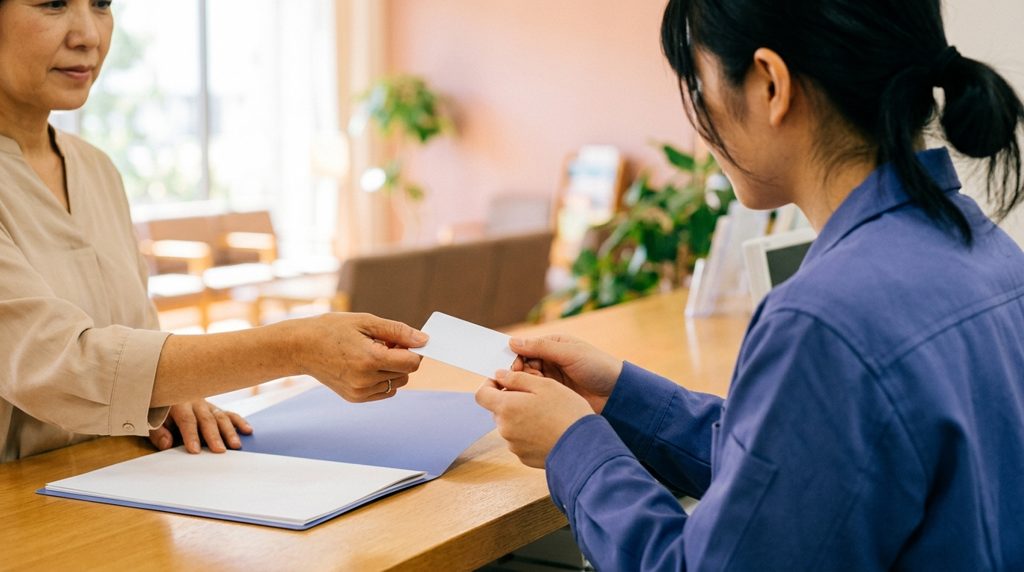 役所の窓口で手続きをする手元