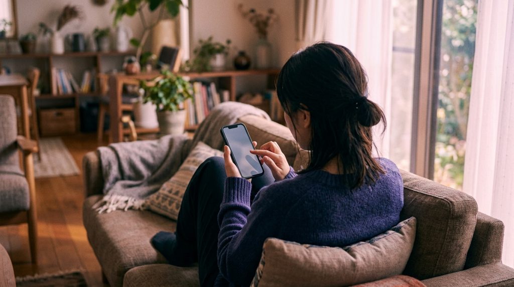 自宅のソファでスマホを操作する人の後ろ姿