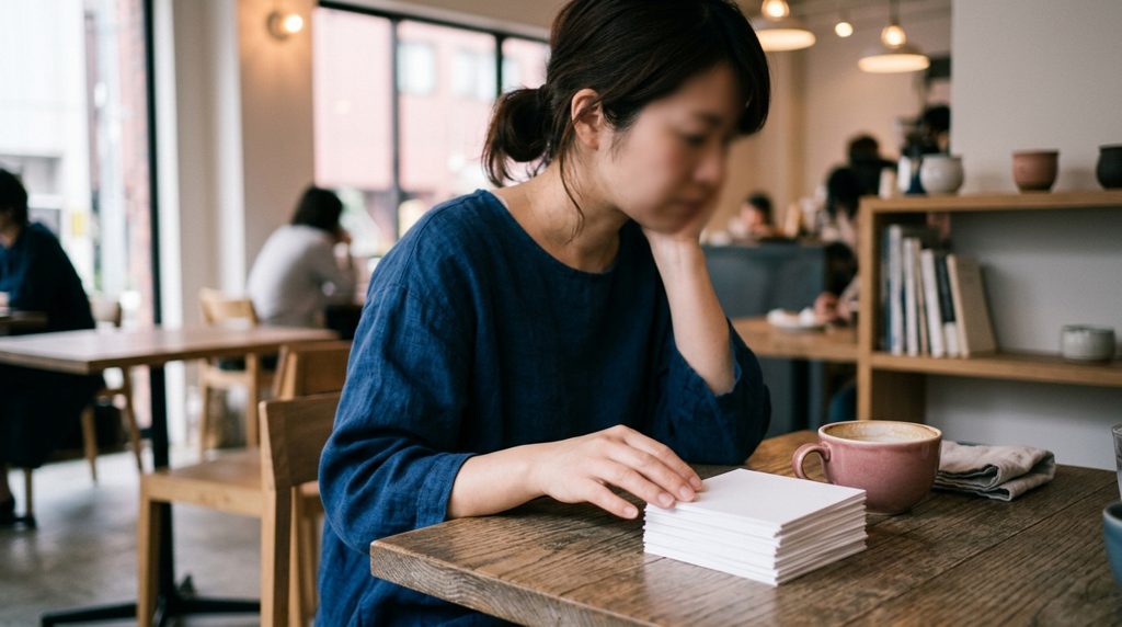 カフェで白いカードの束に手を添える人物