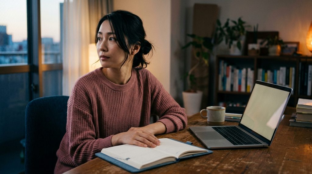 自宅の机で休憩中の女性の手元とPC