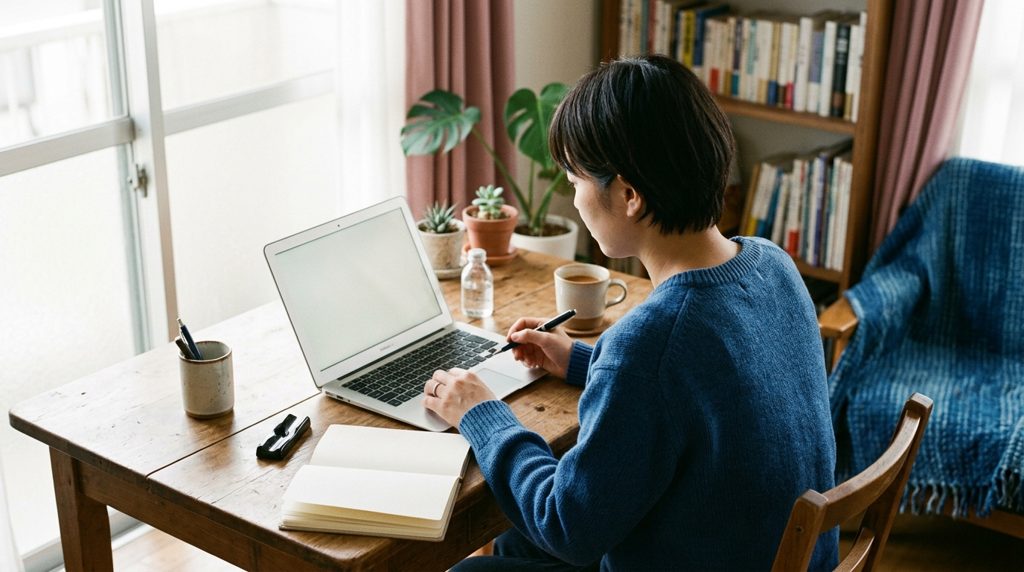 自宅の机でノートとパソコンに向かい、検討する人