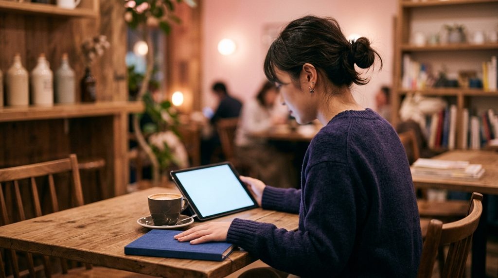 カフェでタブレットとノートを見る人の手元