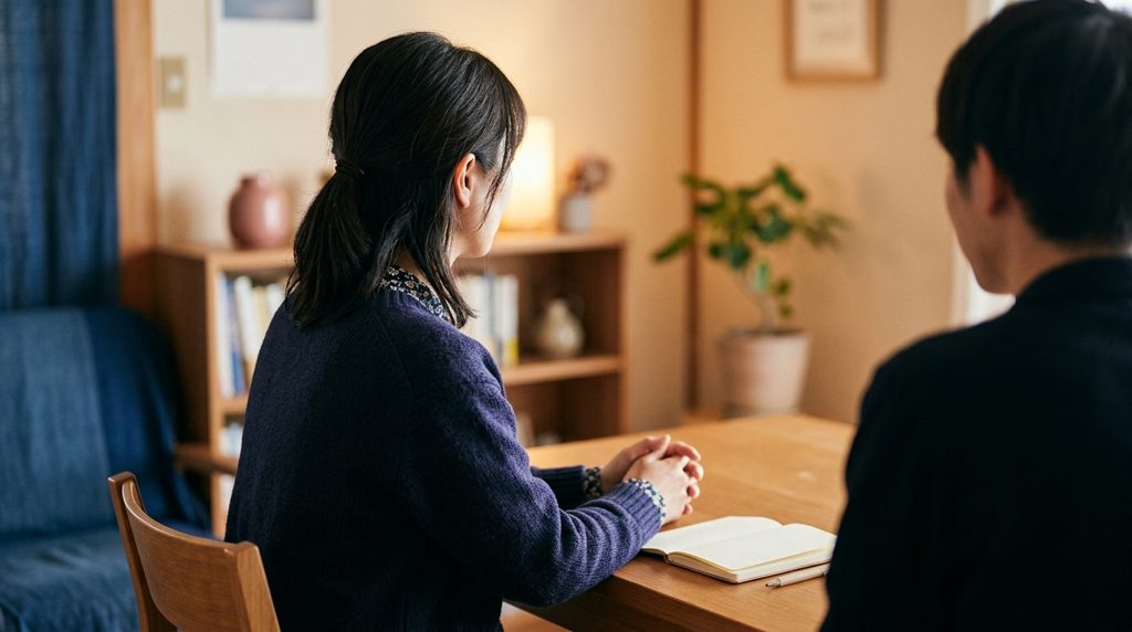 女性が結婚相談所の担当者と面談している様子。