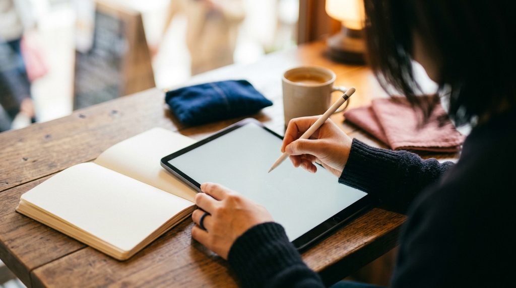 タブレットを操作する手元とノート