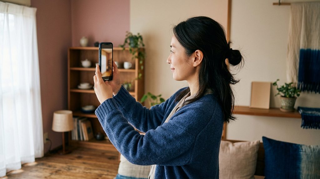 部屋で女性がスマートフォンで自撮りをする姿