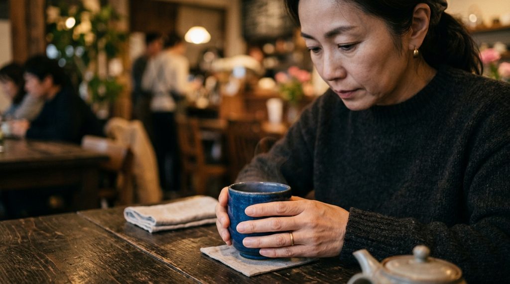 カフェでインディゴ色のカップを持つ手。奥に他の客。