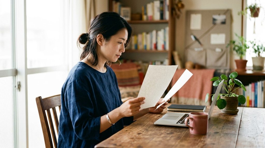自宅で二種類の書類を見比べる女性の横顔