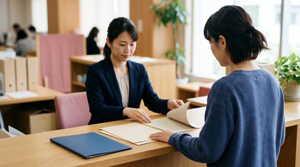 役所のカウンターで書類を受け取る人の後ろ姿