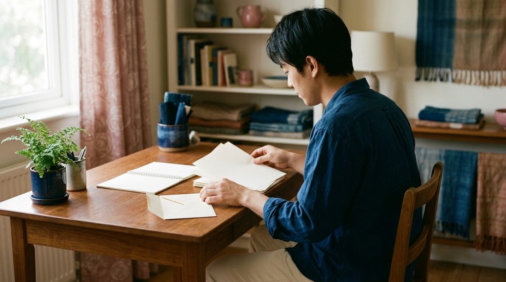 自宅の机で書類を並べて確認する人の後ろ姿