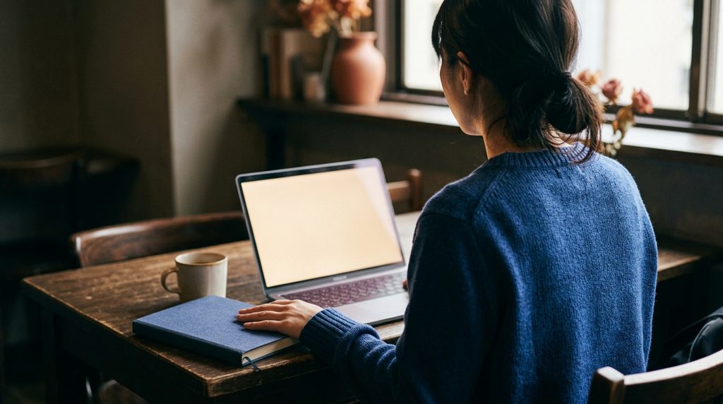 カフェでノートPCと手帳を前に座る女性の手元
