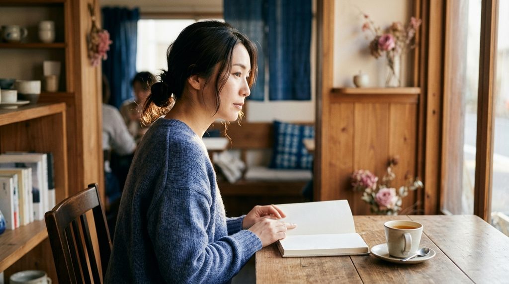 カフェで手帳を眺め、考え込んでいる女性の後ろ姿
