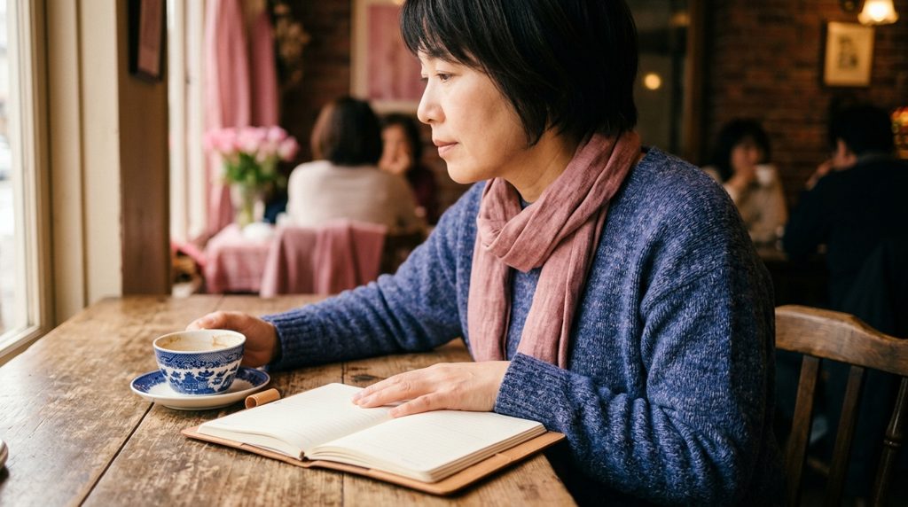 カフェのテーブルに開いた手帳とカップ。手元を映した写真。