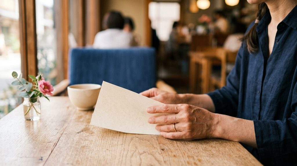 温かいカフェで書類を手に持つ人物の手元