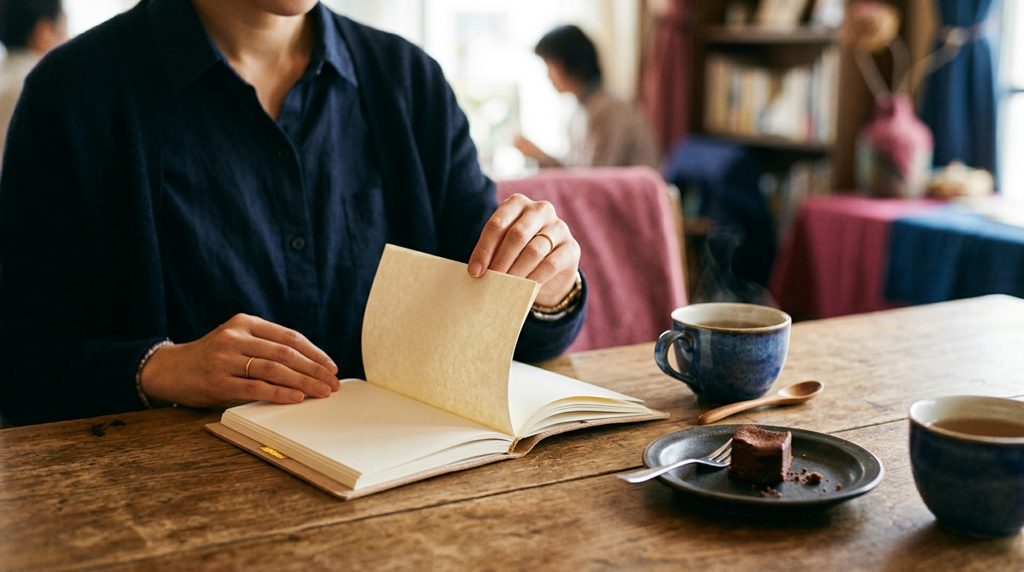 カフェで手帳をめくる女性の手元