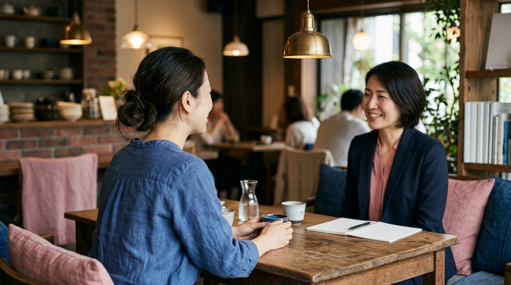 あたたかいカフェでカウンセラーと話す女性