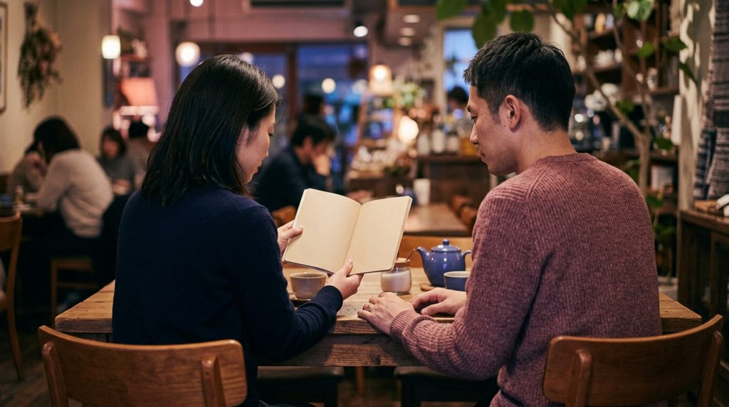 カフェのテーブルでノートを見る男女