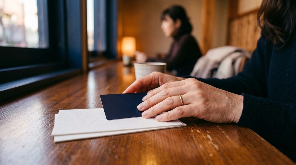 テーブルの上のカードと書類に手を置く様子