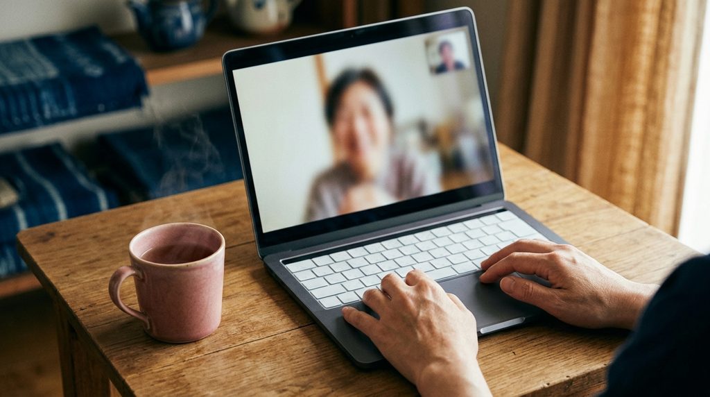 ノートPCと温かい飲み物でオンライン通話