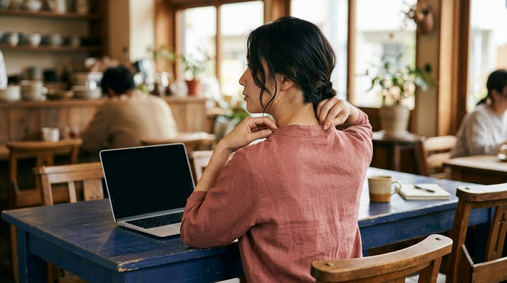 カフェで襟元を整える女性とノートパソコン