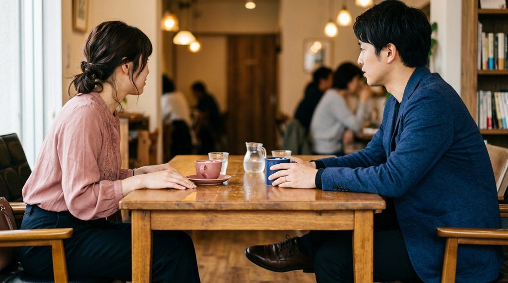 カフェで向かい合う男女の、テーブルと上品な装い。