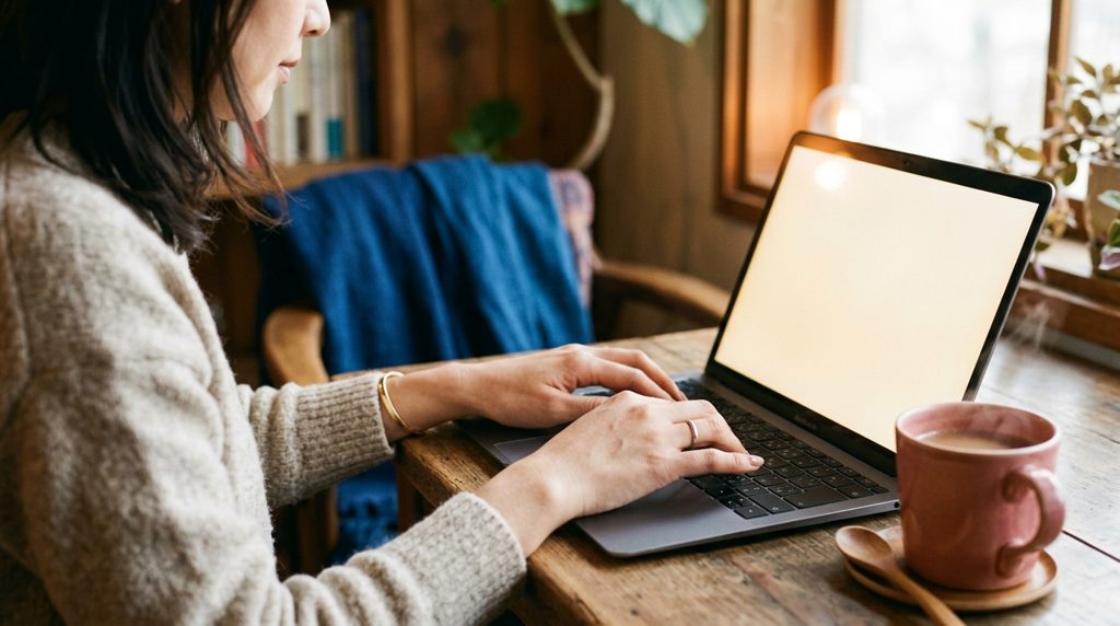 PCを操作する女性の手元と温かい飲み物