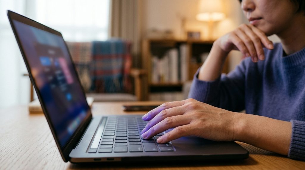 温かい光の中で、自宅のノートパソコンに手を置く人のクローズアップ。