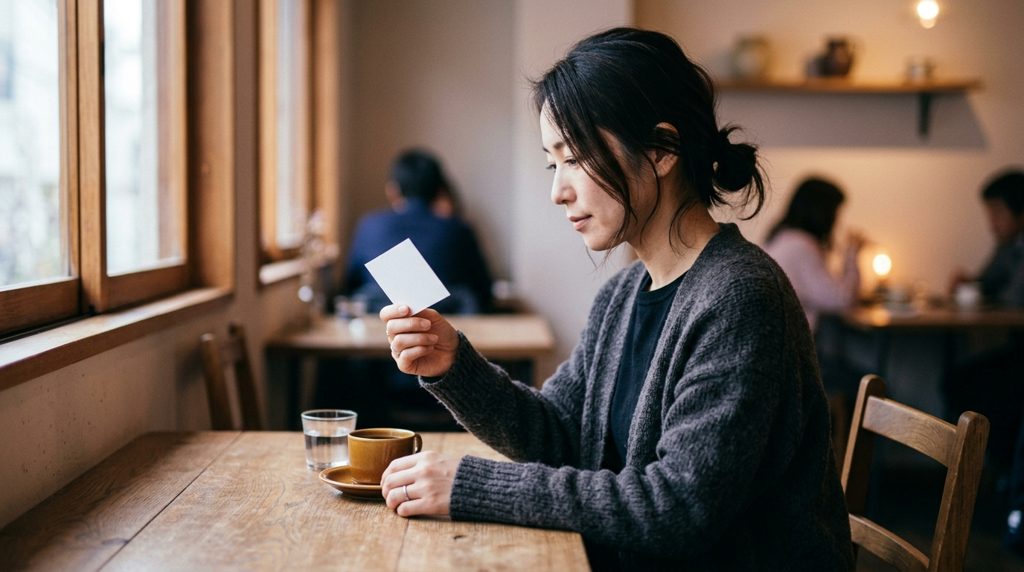 女性がカフェでプロフィールカードを静かに見つめている様子