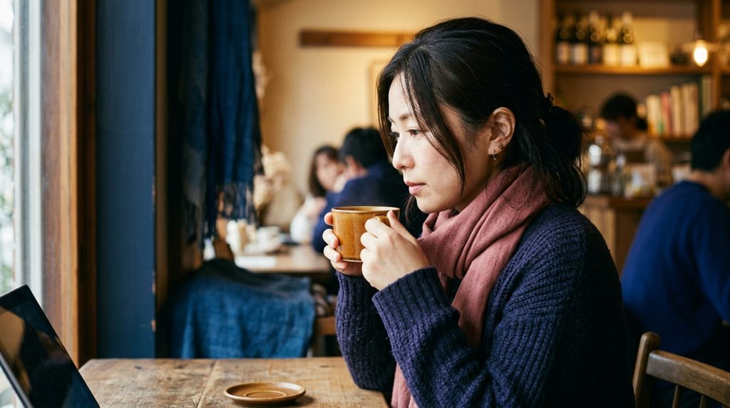 カフェでタブレットを見る女性の横顔