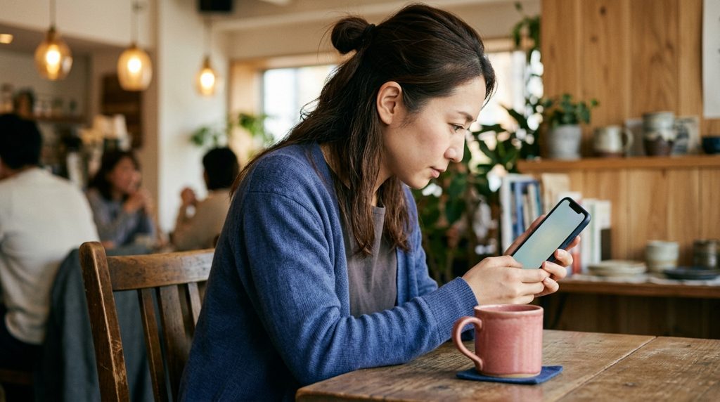 カフェでスマホを真剣に操作する女性の横顔