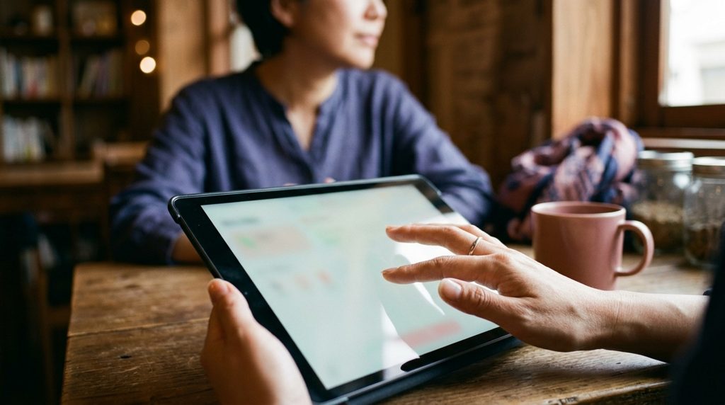 タブレットの画面に触れる大人の手元