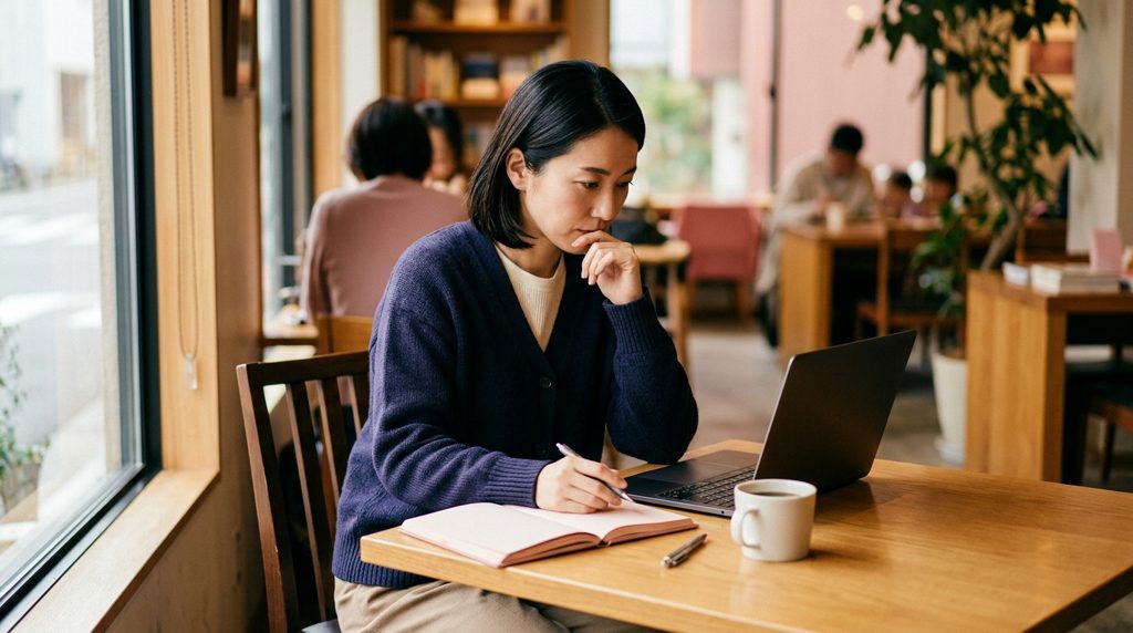 カフェでノートとパソコンに向かい熟考する女性