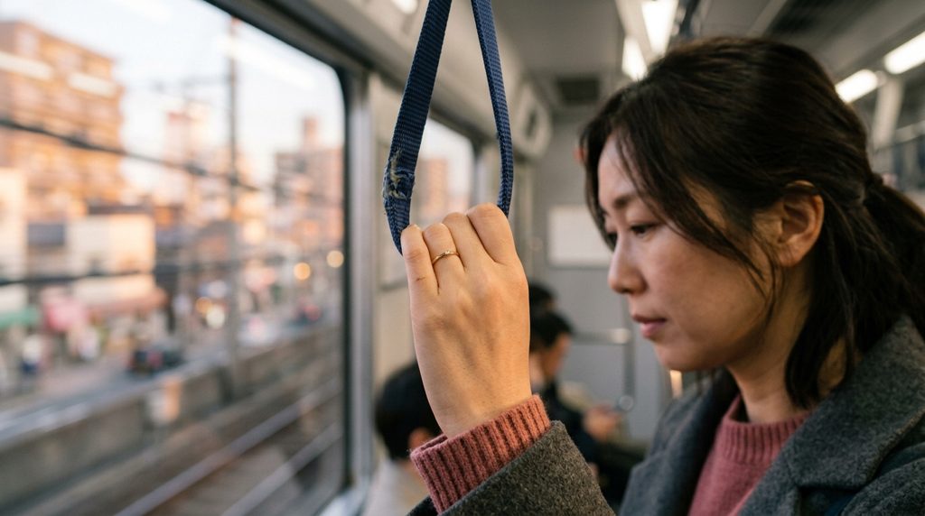 電車内で吊革を掴む手と窓の外の街並み