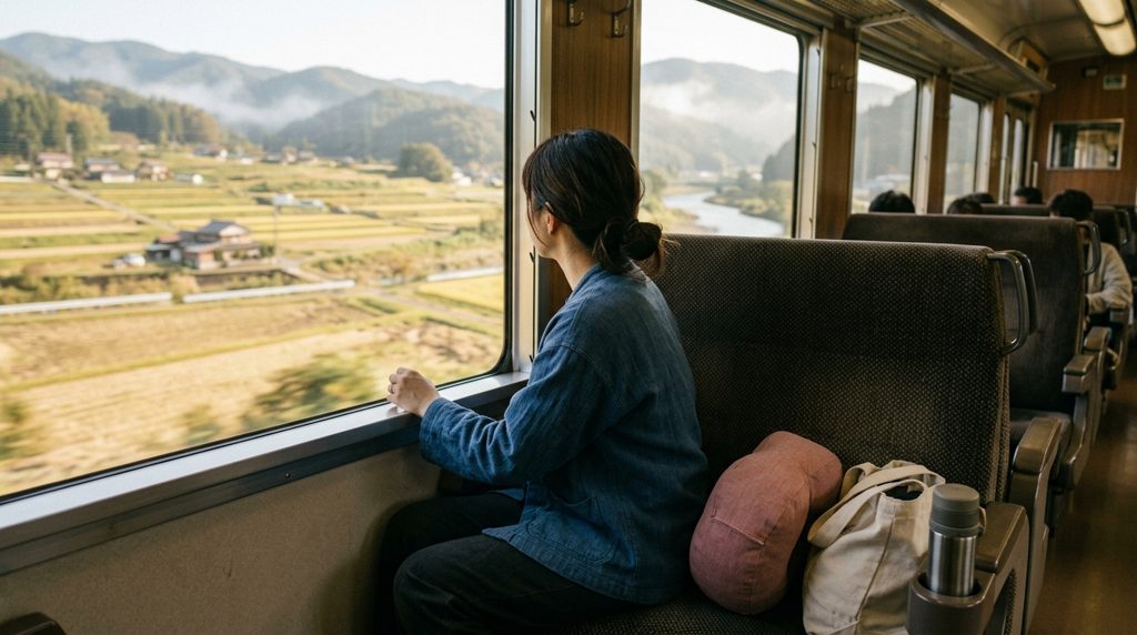 列車で移動する女性の後ろ姿と車窓からの景色