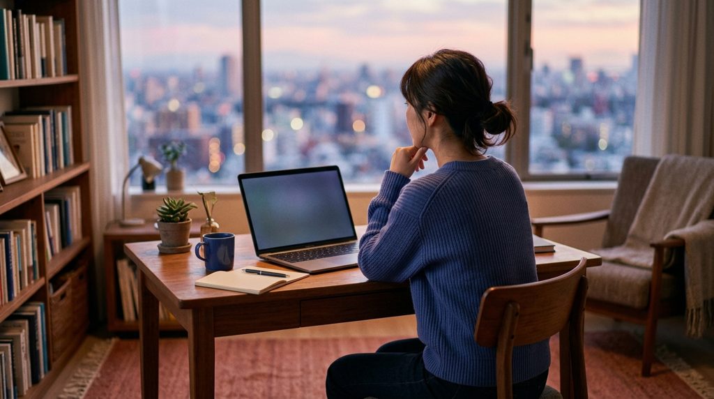 後ろ姿の女性がPCを操作し、窓の向こうに広い景色