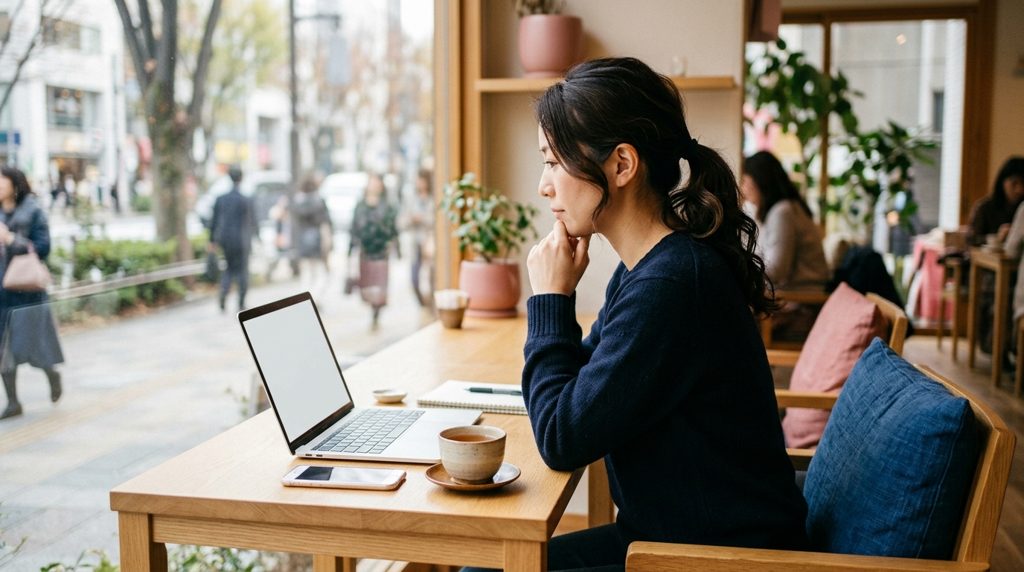 カフェでノートPCに向き合う女性の横顔