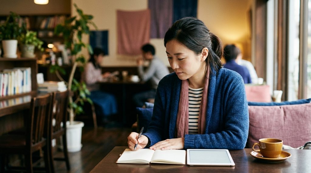 カフェでノートとタブレットを見る女性